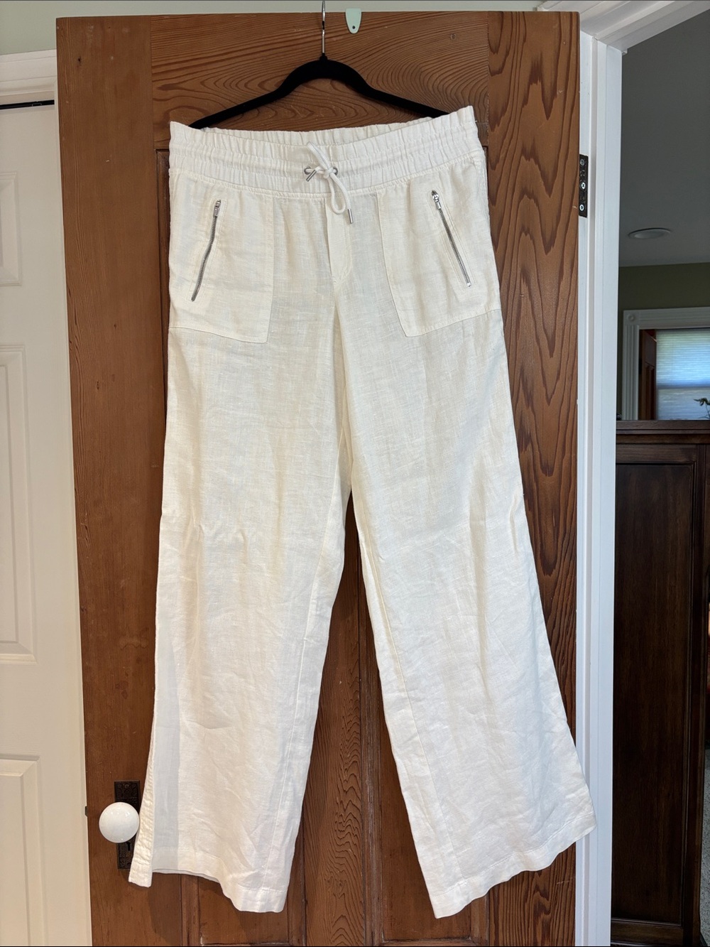 Athleta Cream Linen Drawstring Wide-Leg Pants with Zip Pocket. Size 8 Long